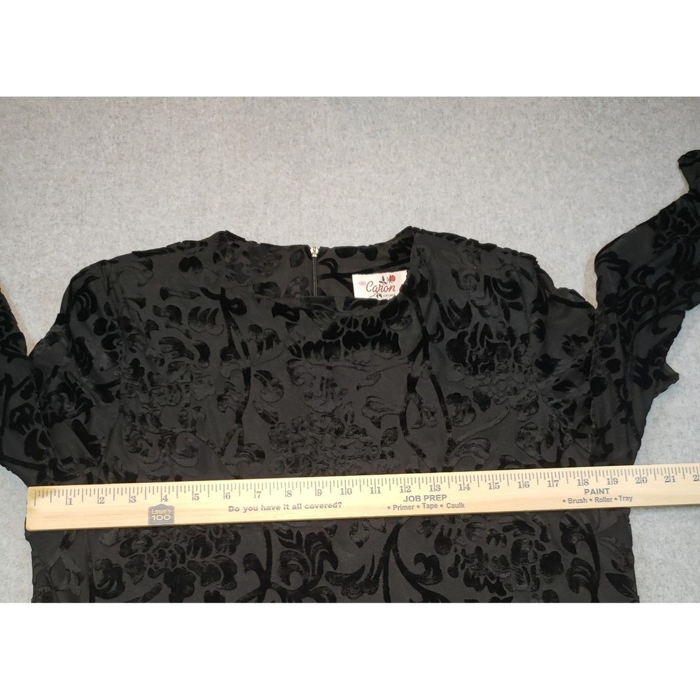 Vintage Caron Velvet Embossed Top Blouse Womens Black Sz 14 Lined Sheer Sleeves - Picture 7 of 14